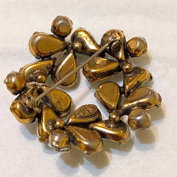 Vintage REGENCY Yellow Rhinestone Green Aurora Borealis AB Rhinestone Brooch Pin - Picture 10 of 11